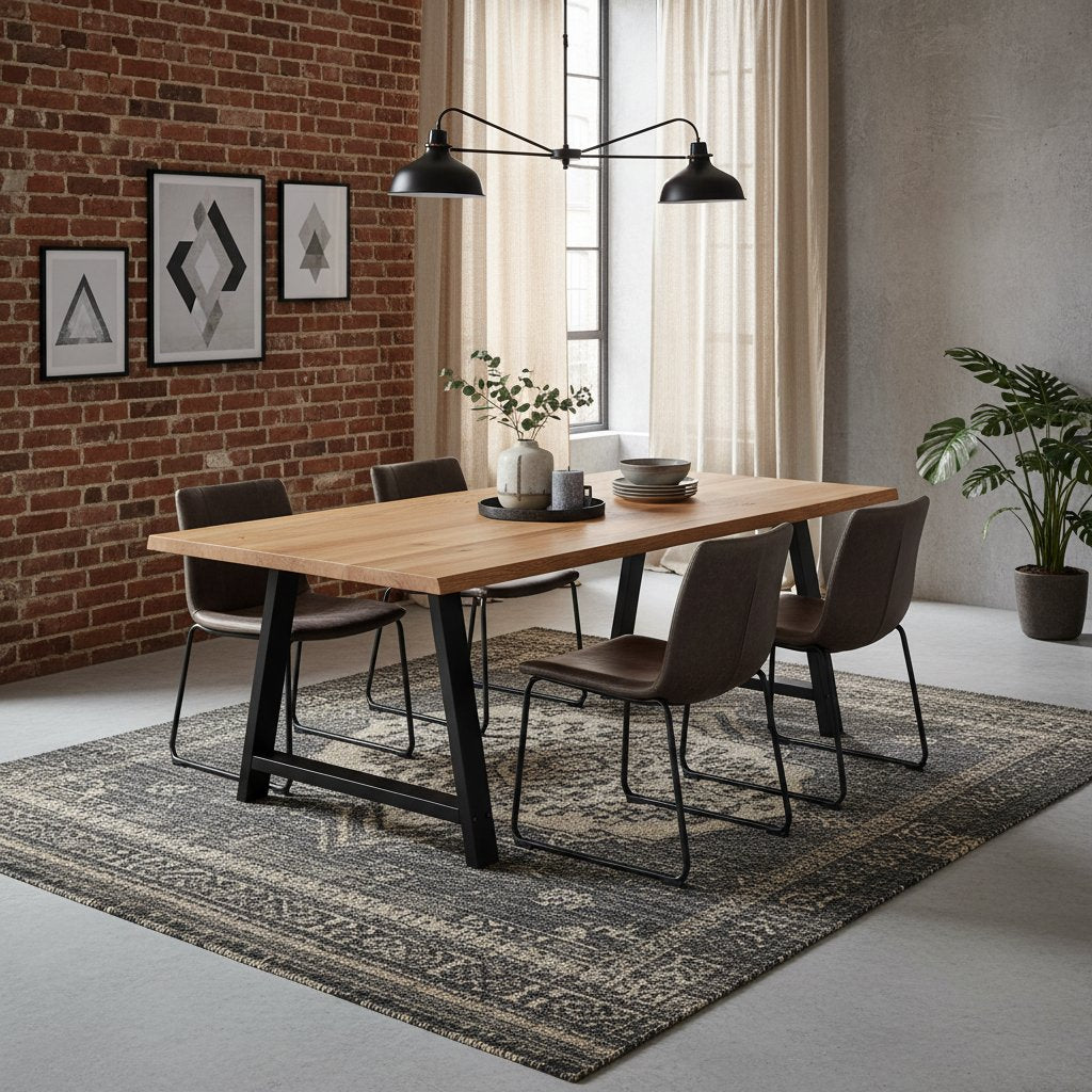 Table en Bois de Chêne avec Pieds en Acier Noir