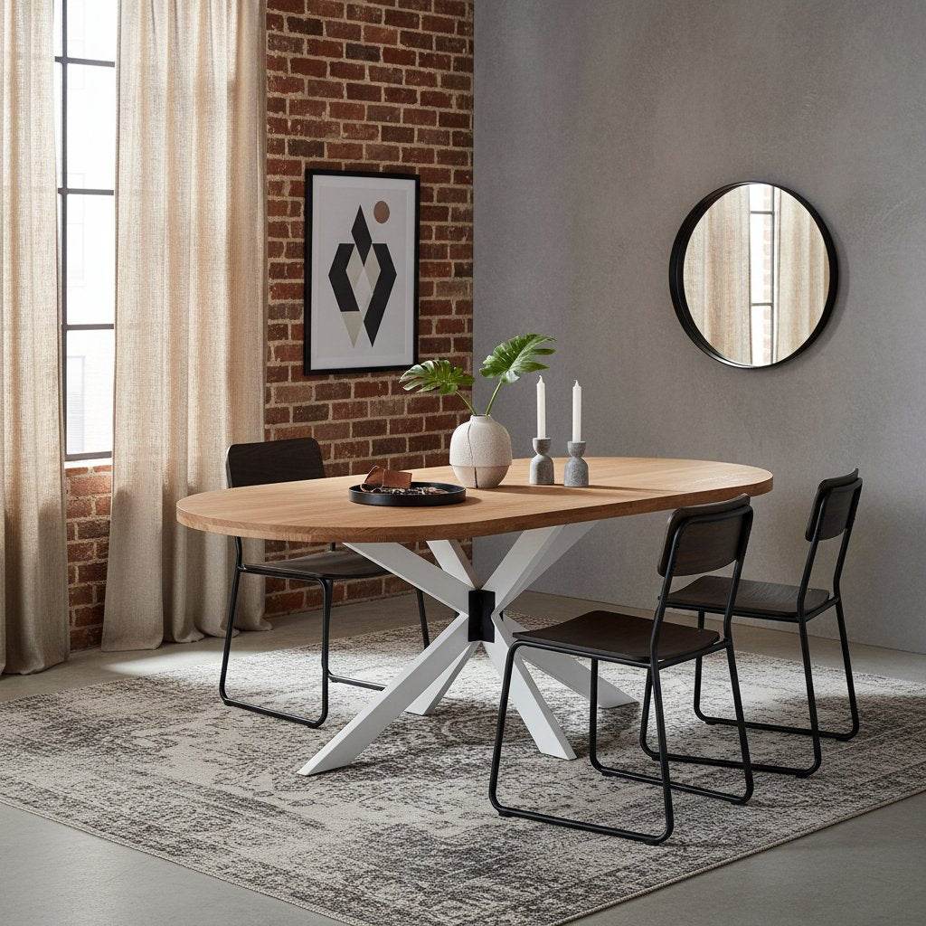 Table en Bois de Chêne et Pieds Métal Blanc