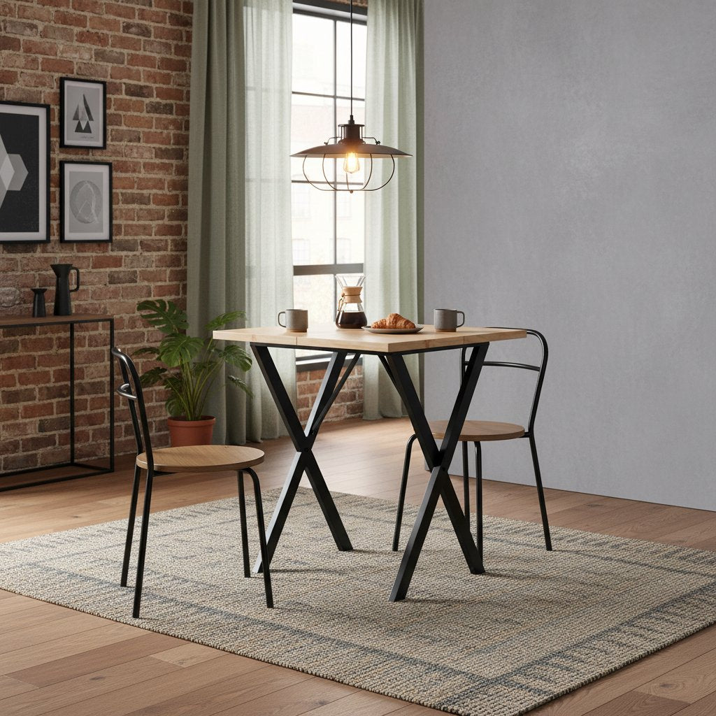 Table en Bois de Pin avec Pied en Métal Noir