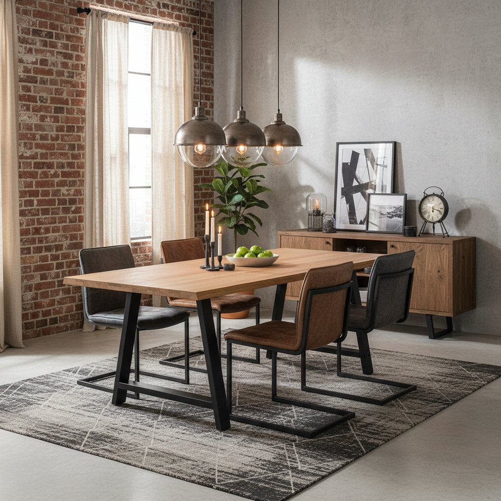 Table en Chêne Massif et Acier Noir Type Industriel