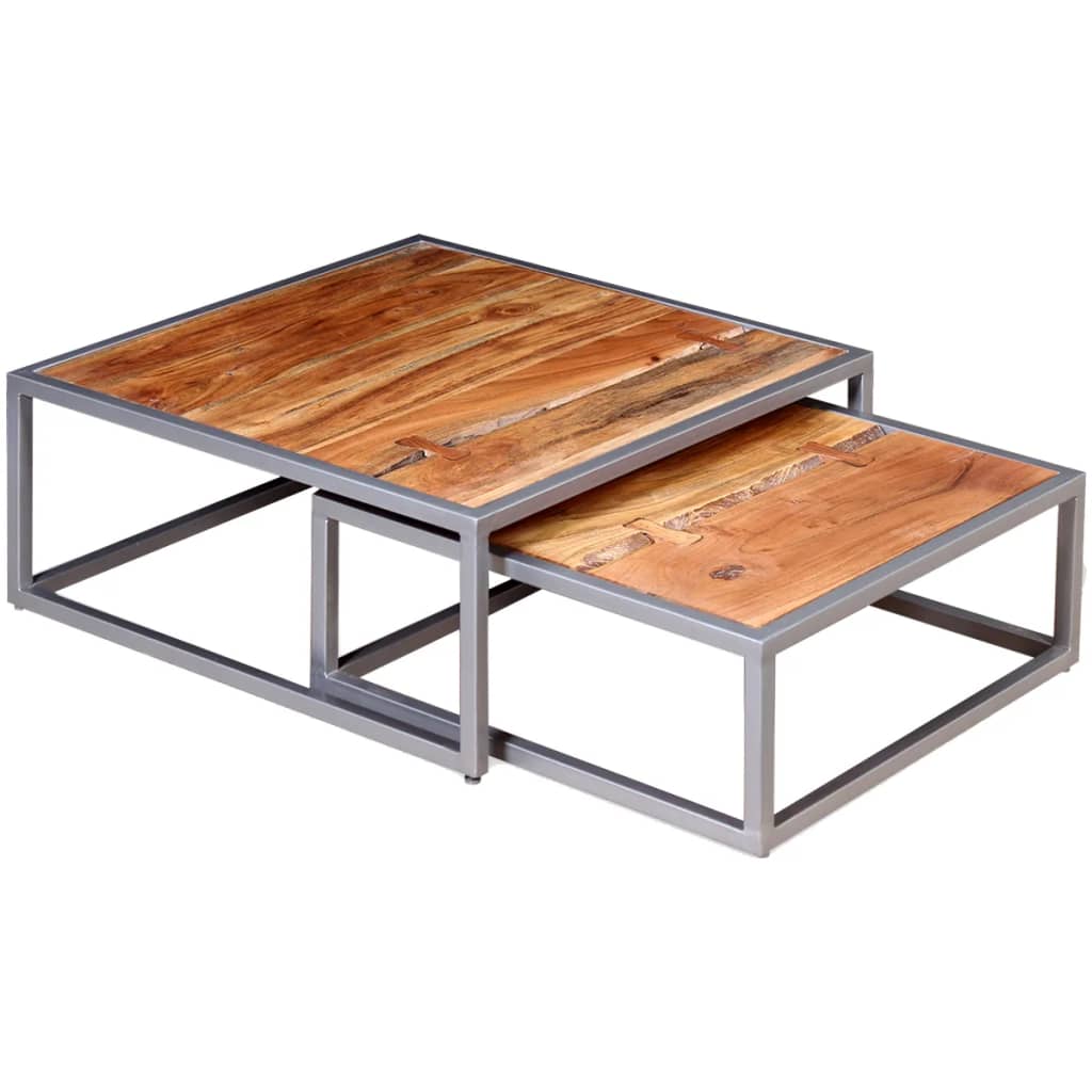 Tables Basses Gigognes en Bois Massif et Métal-Marron et gris-2-La-Fabrique-Industrielle