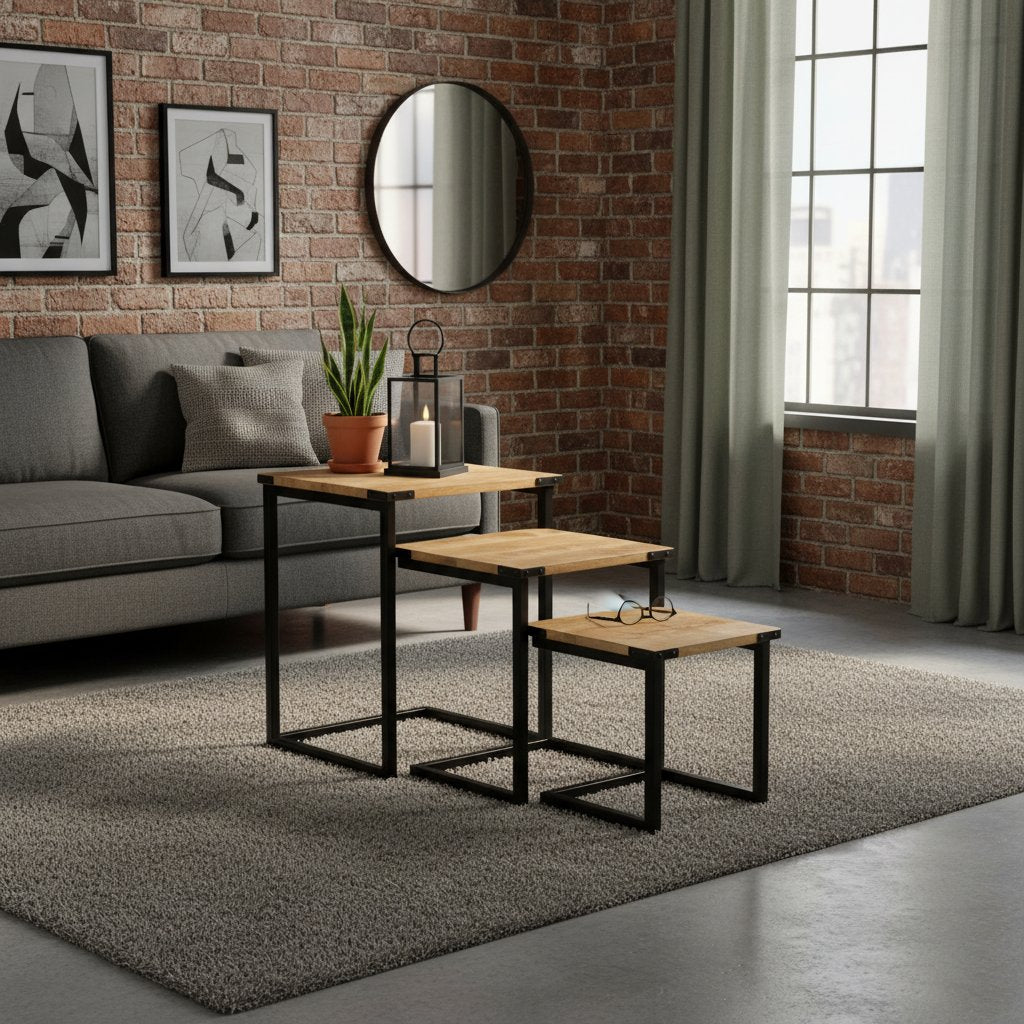 Tables d'Appoint Industrielle en Bois et Fer pour Salon