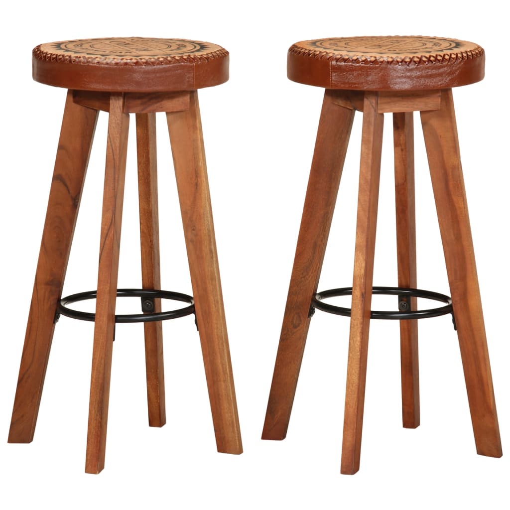 Tabourets De Bar 2 Pcs Cuir Véritable Et Bois D'acacia Solide-Marron-2-La-Fabrique-Industrielle