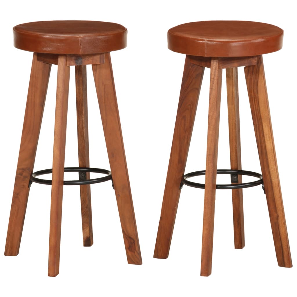Tabourets De Bar 2 Pcs Cuir Véritable Et Bois D'acacia Solide-Marron foncé-2-La-Fabrique-Industrielle