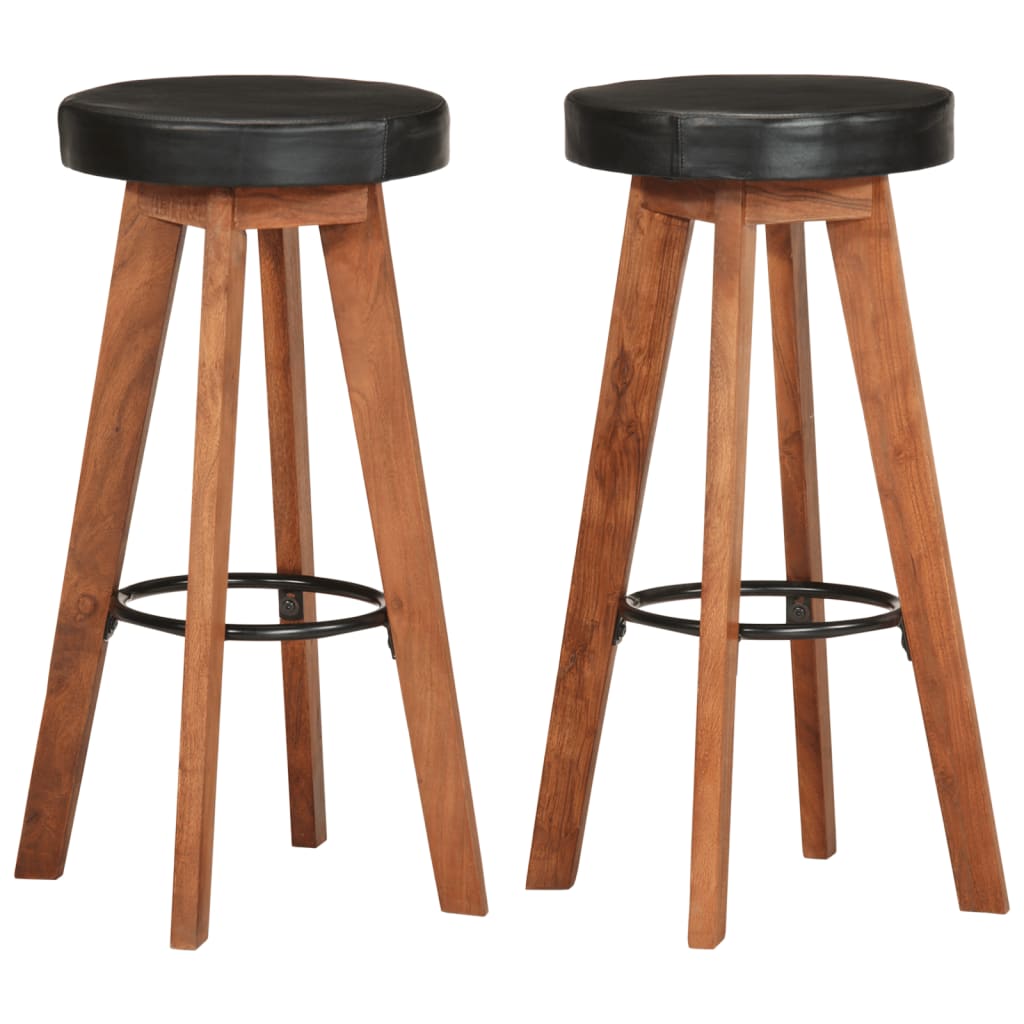 Tabourets De Bar 2 Pcs Cuir Véritable Et Bois D'acacia Solide-Noir-2-La-Fabrique-Industrielle