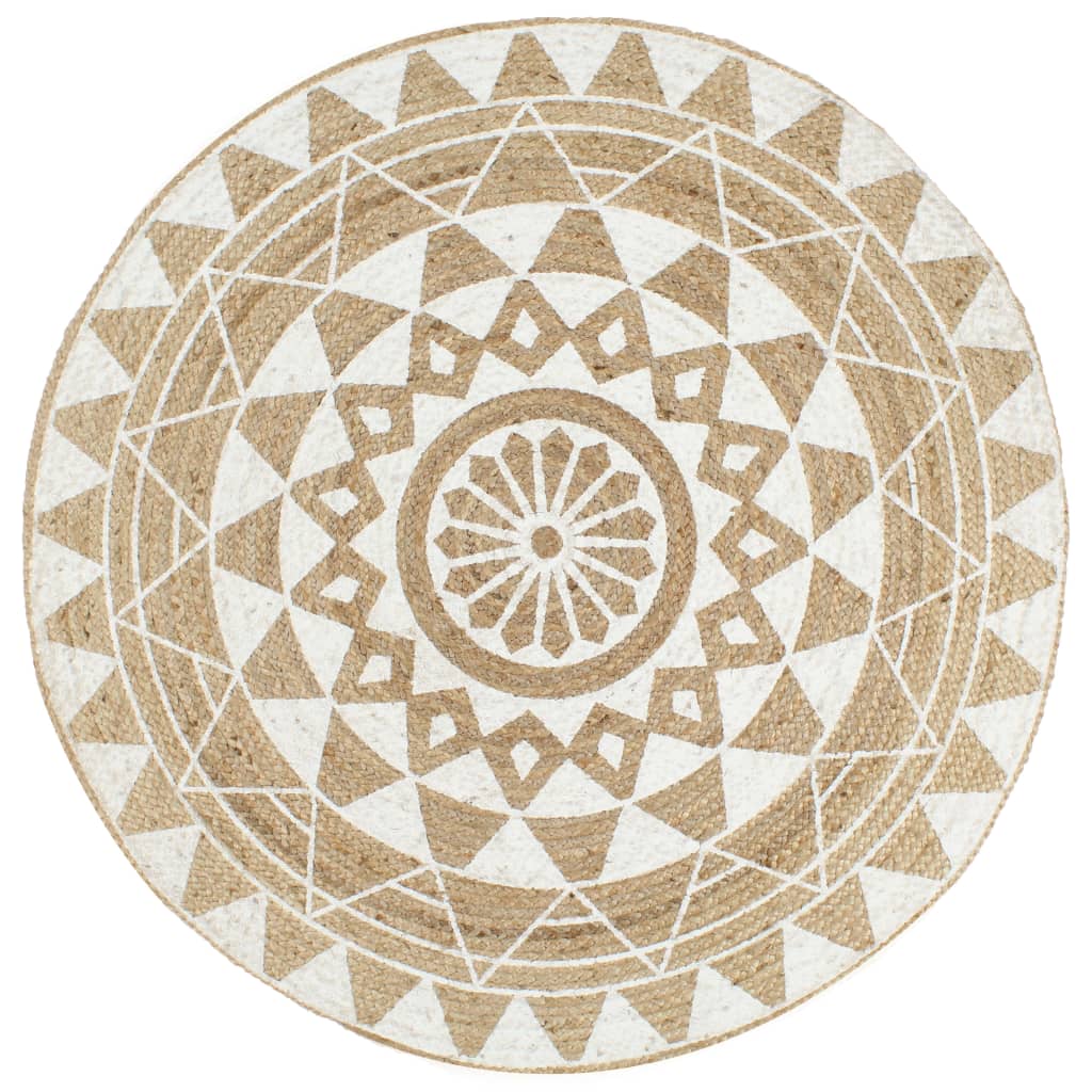 Tapis Fait À La Main Jute Avec Imprimé Noir-120 cm-motif de fleurs blanches-La-Fabrique-Industrielle