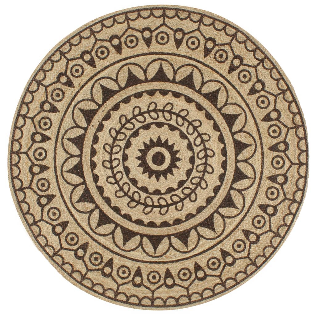 Tapis Fait À La Main Jute Avec Imprimé Noir-150 cm-motif de fleurs marronnes-La-Fabrique-Industrielle