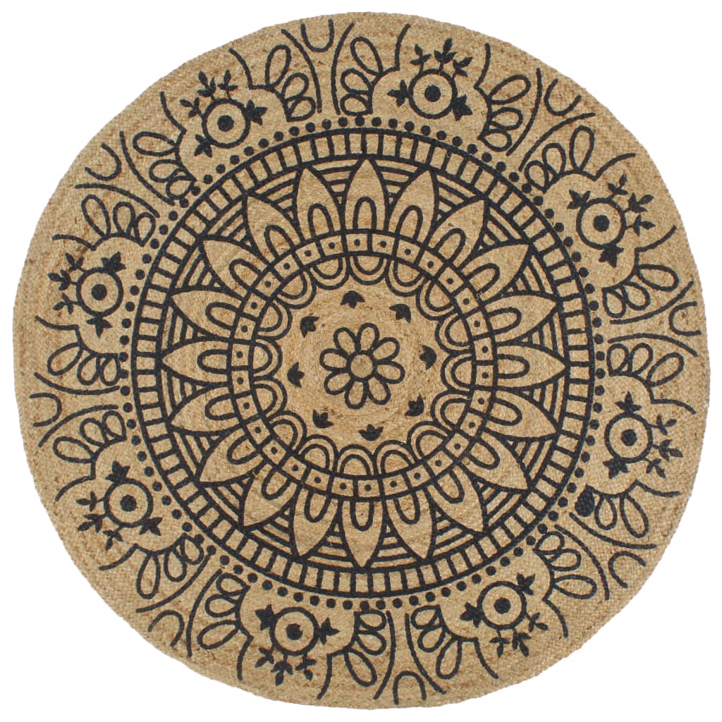 Tapis Fait À La Main Jute Avec Imprimé Noir-90 cm-motif de fleurs bleues-La-Fabrique-Industrielle