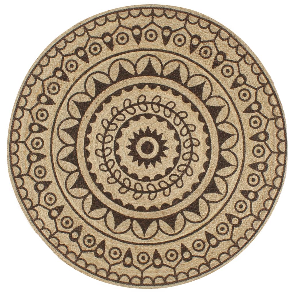 Tapis Fait À La Main Jute Avec Imprimé Noir-90 cm-motif de fleurs marronnes-La-Fabrique-Industrielle