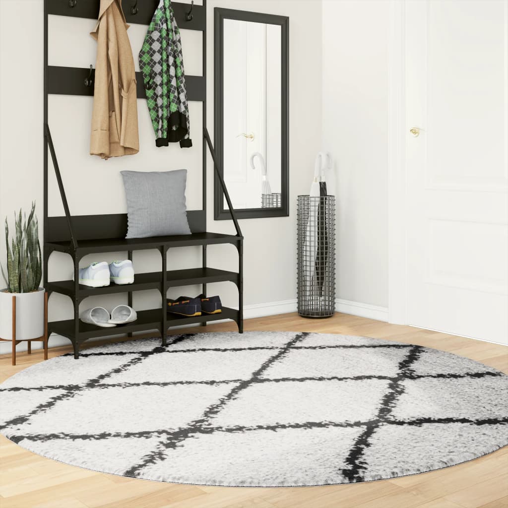 Tapis Shaggy À Poils Longs Moderne Crème Et Noir-Ø 200 cm-La-Fabrique-Industrielle