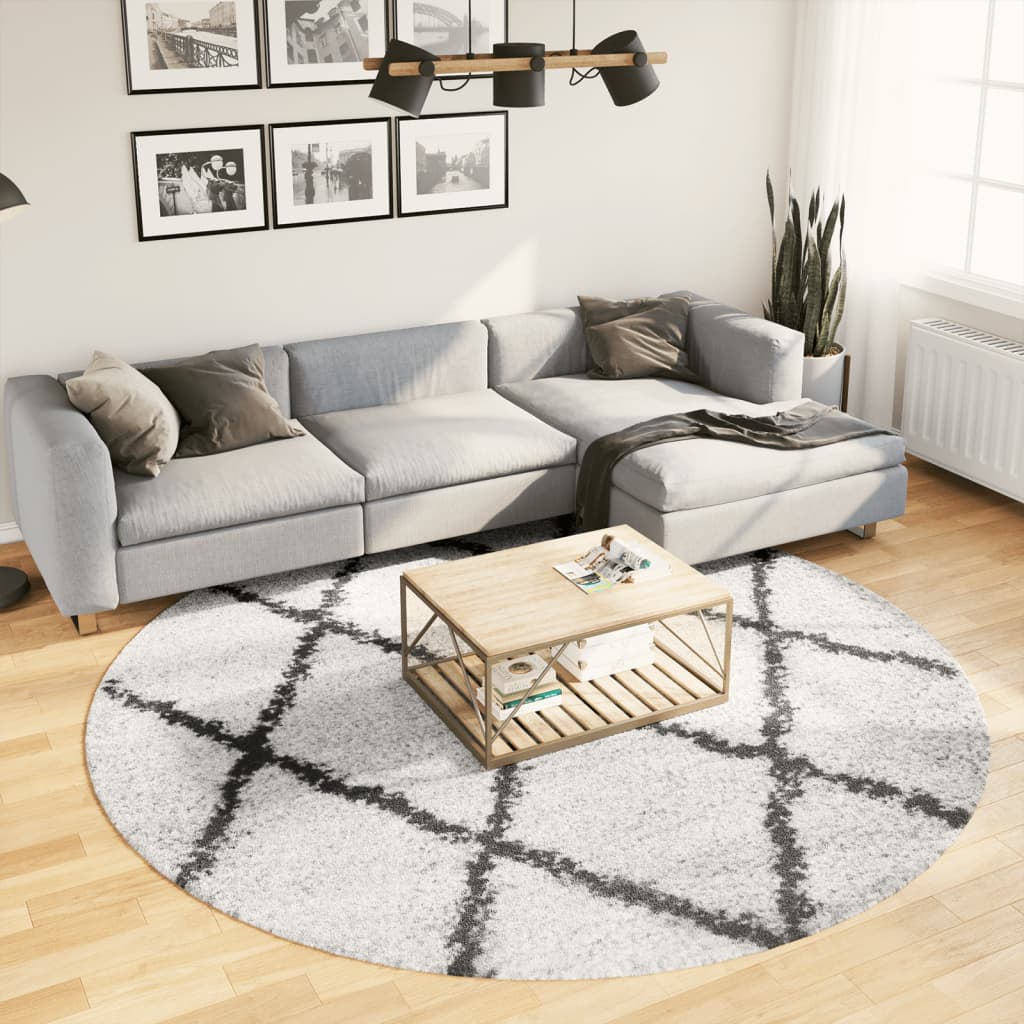 Tapis Shaggy À Poils Longs Moderne Crème Et Noir-Ø 240 cm-La-Fabrique-Industrielle