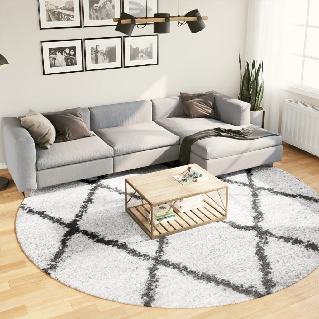 Tapis Shaggy À Poils Longs Moderne Crème Et Noir-Ø 280 cm-La-Fabrique-Industrielle