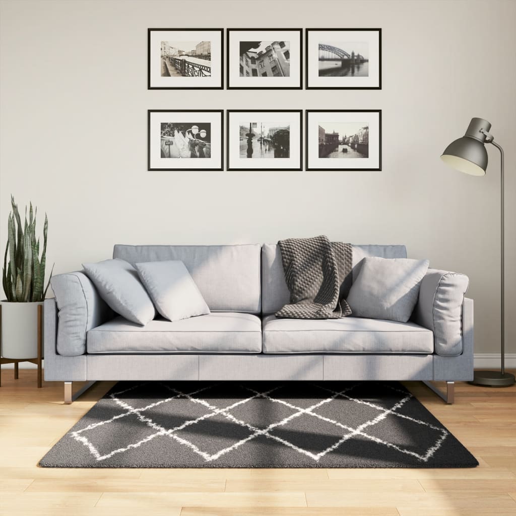 Tapis Shaggy À Poils Longs Moderne Noir Et Crème-120 x 120 cm-La-Fabrique-Industrielle