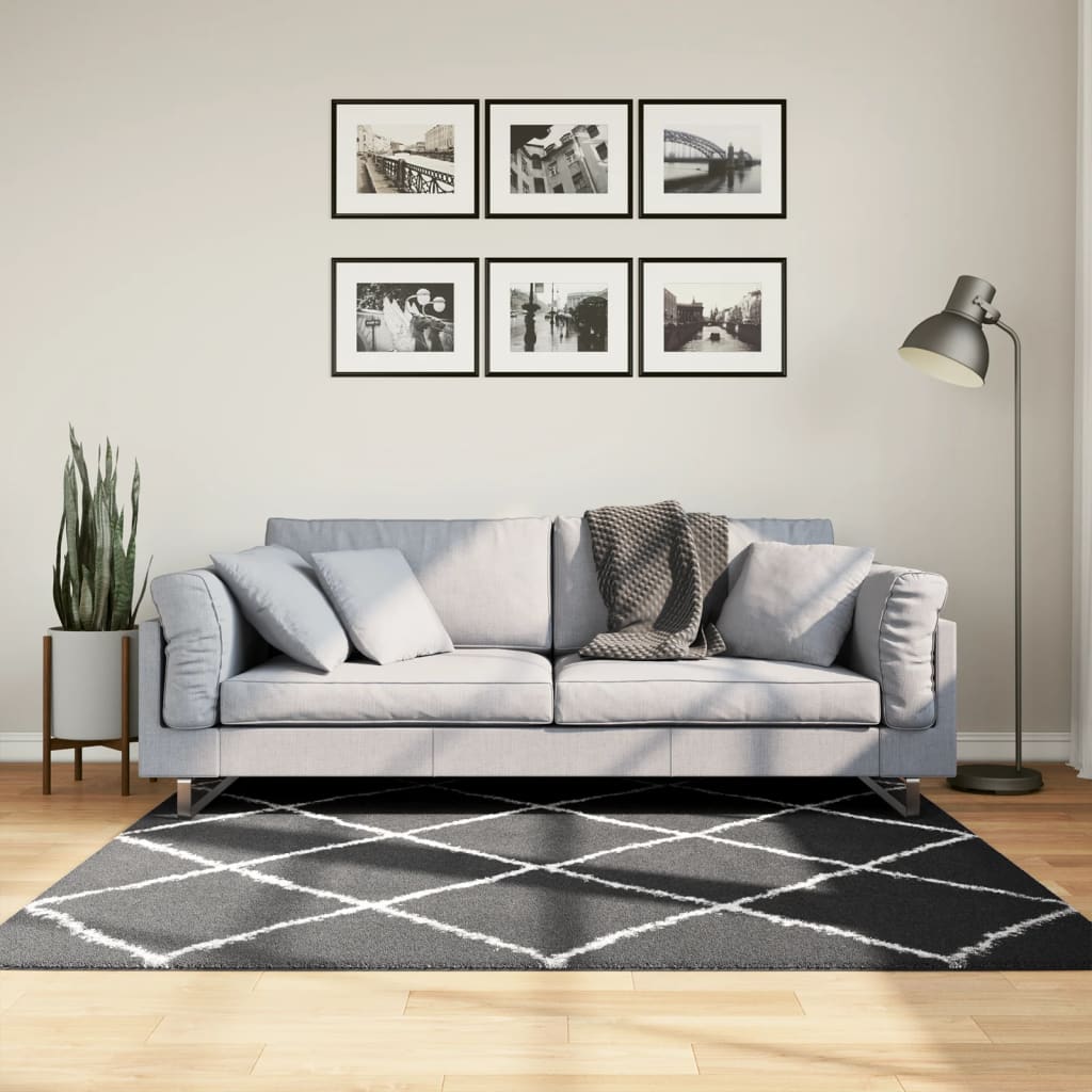 Tapis Shaggy À Poils Longs Moderne Noir Et Crème-160 x 160 cm-La-Fabrique-Industrielle
