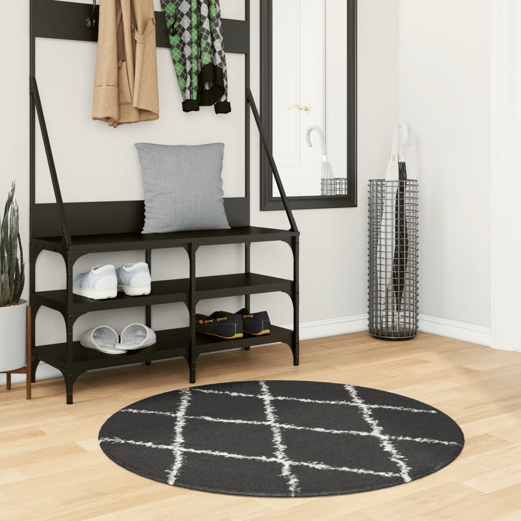 Tapis Shaggy À Poils Longs Moderne Noir Et Crème-Ø 100 cm-La-Fabrique-Industrielle