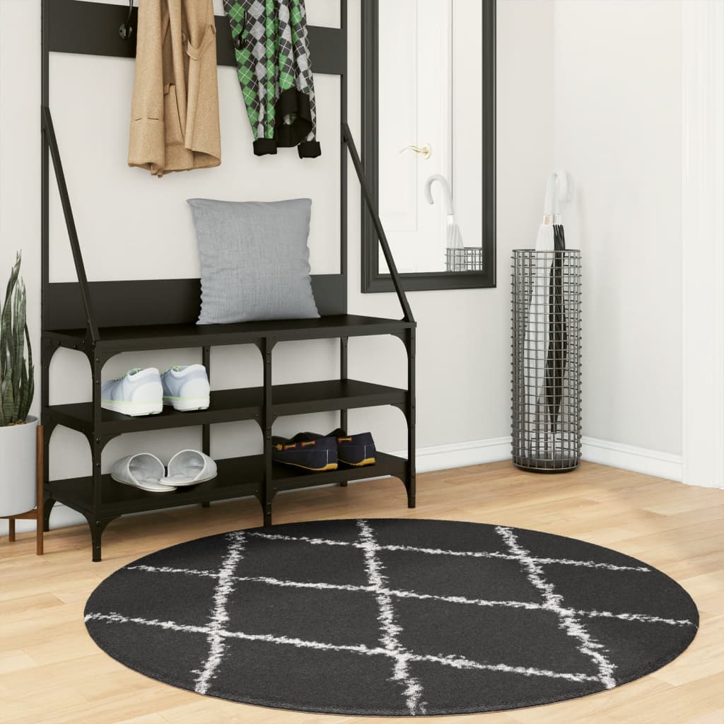Tapis Shaggy À Poils Longs Moderne Noir Et Crème-Ø 120 cm-La-Fabrique-Industrielle