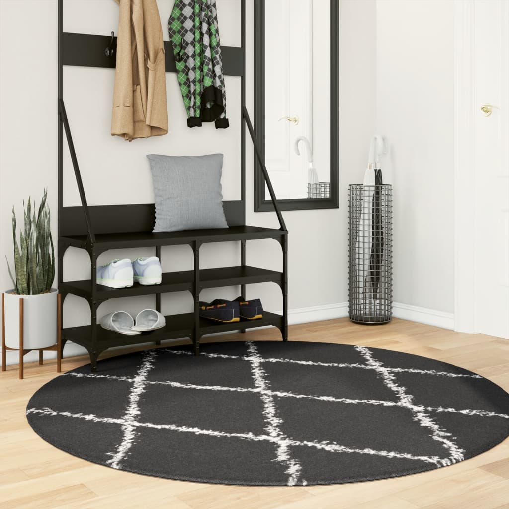 Tapis Shaggy À Poils Longs Moderne Noir Et Crème-Ø 160 cm-La-Fabrique-Industrielle