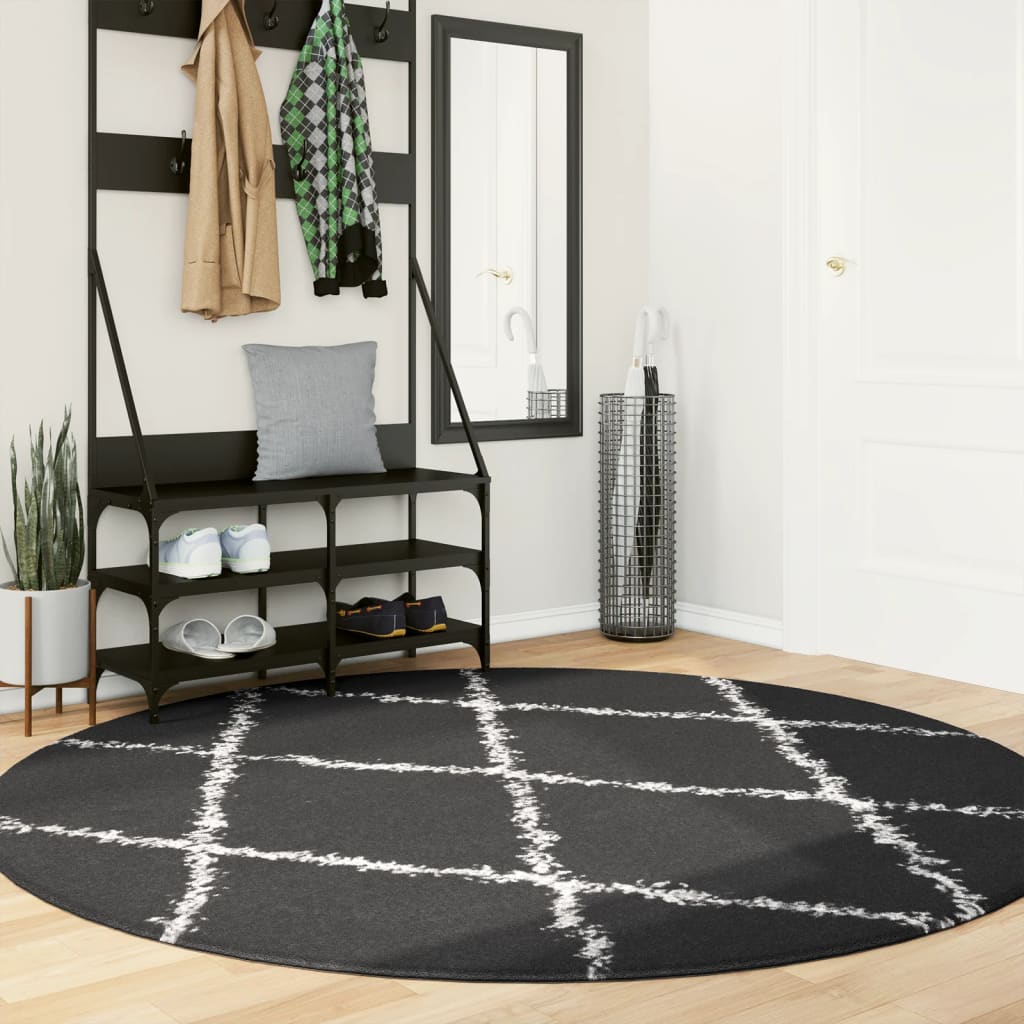 Tapis Shaggy À Poils Longs Moderne Noir Et Crème-Ø 200 cm-La-Fabrique-Industrielle