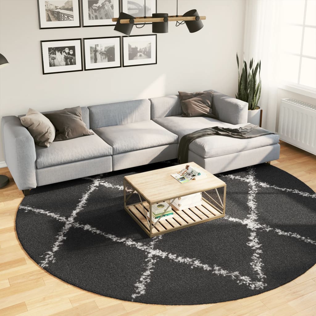 Tapis Shaggy À Poils Longs Moderne Noir Et Crème-Ø 280 cm-La-Fabrique-Industrielle