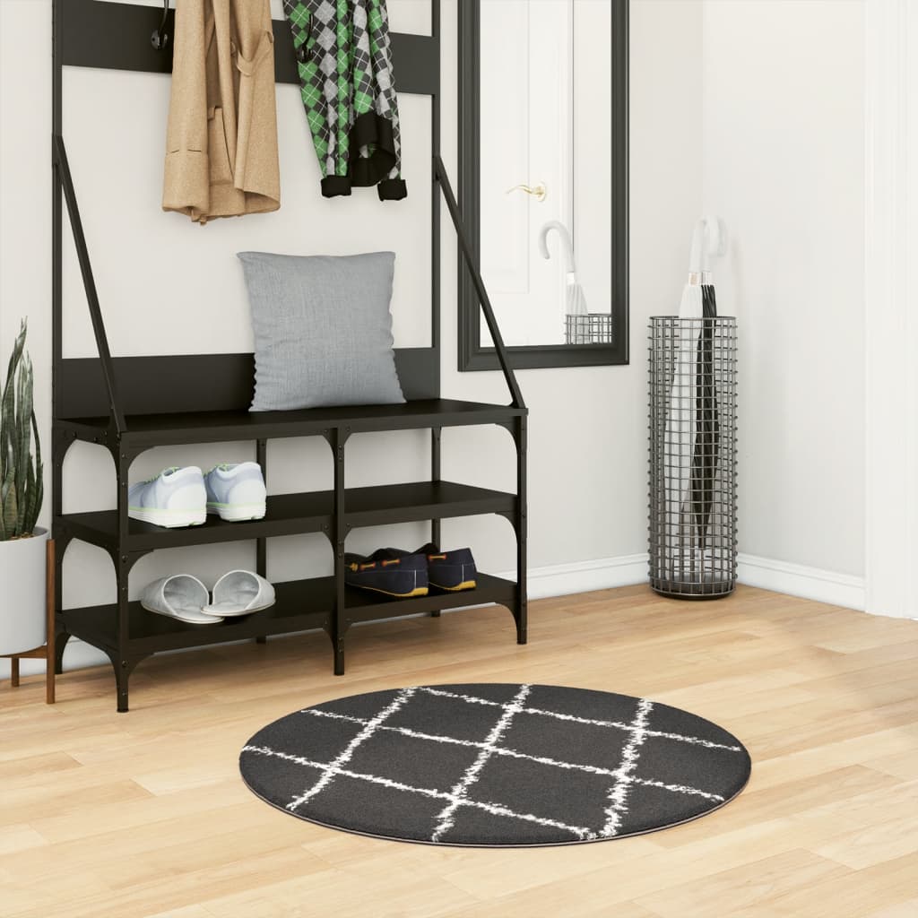 Tapis Shaggy À Poils Longs Moderne Noir Et Crème-Ø 80 cm-La-Fabrique-Industrielle
