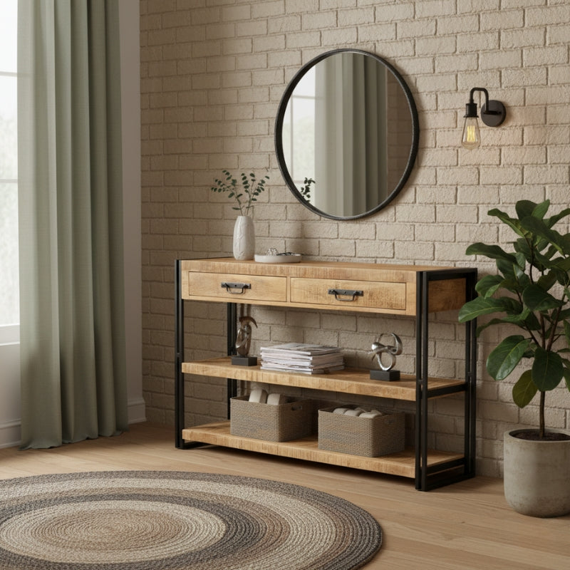 console-bois-clair-avec-tiroir-style-indus